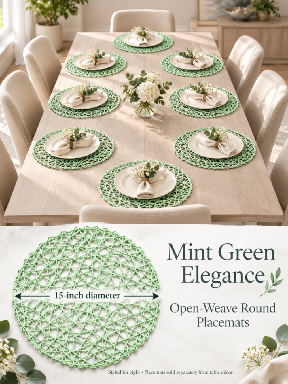 Mint Green Elegance — 15-Inch Round Placemats